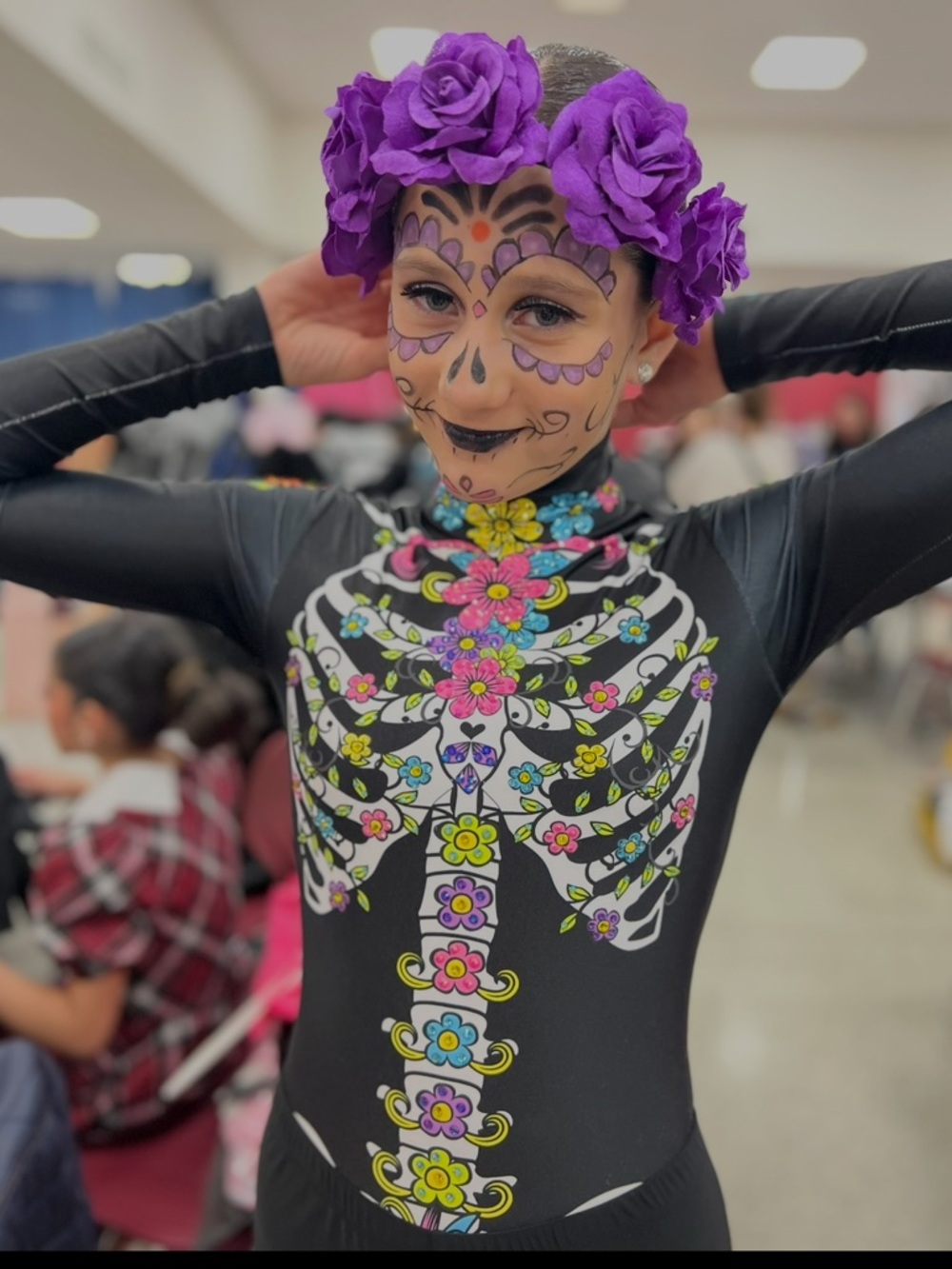 Girls long-sleeve dance leotard Day of the Dead with pants and Pink head piece